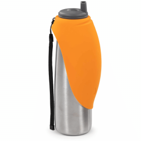 Messy Mutts Double Wall Stainless Travel Water Bottle with Silicone Flip Up Bowl Orange 20oz